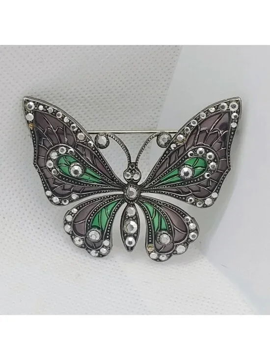 Vtg Plique a Jour Enamel & Marcasite Butterfly Brooch Pin Green Lavender - READ - Picture 1 of 8
